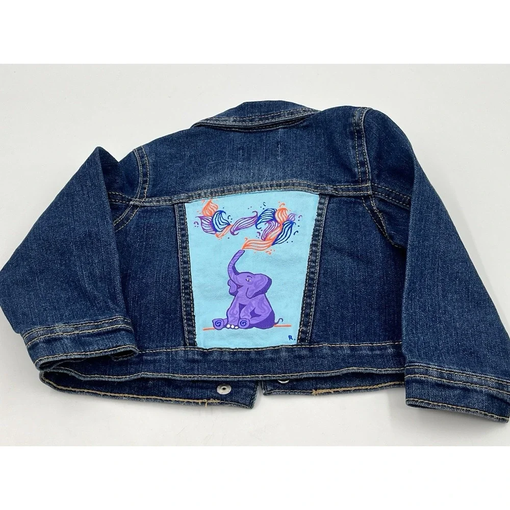 The Childrens Place Denim Jacket Girls Toddler 12-18mo Snap Up Handpainted Back